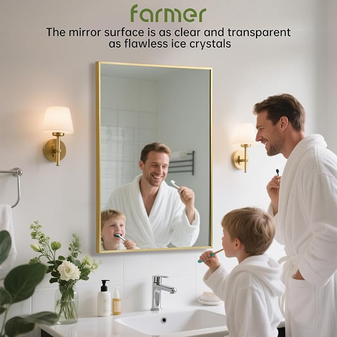 FARMER 20x28 Inch Gold Bathroom Mirror, Rectangle Wall Mounted Mirror, Vanity Mirror, Brushed Square Mirror, Framed Bathroom Mirror for Bedrooms, Entryways, Living Rooms, Horizontal/Vertical