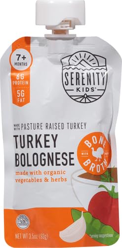 Serenity Kids Bone Broth Puree Made With Organic Veggies | Clean Label Project Purity Award Certified | 3.5 Ounce BPA-Free Pouch | Free Range Turkey Bolognese | 1 Count (Pack of 3)