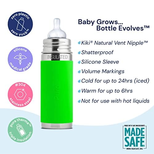 Pura Kiki 7oz Stainless Steel Insulated Infant Bottle – Includes Silicone Medium-Flow Nipple & Sleeve – Anti-Colic, Plastic-Free, MadeSafe Certified