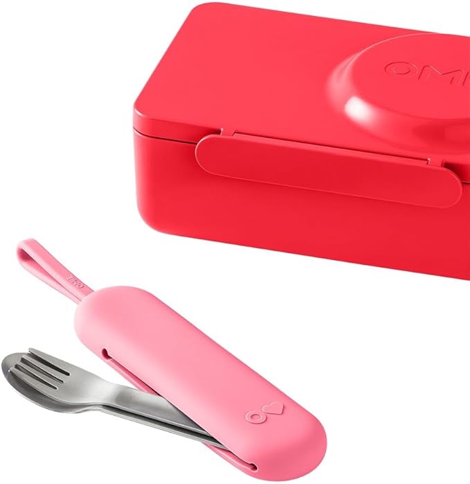 Omie OmieBox Travel Utensil Set | Fork and Spoon with Case for Easy Travel | Stainless Steel Fork and Spoon | Pink