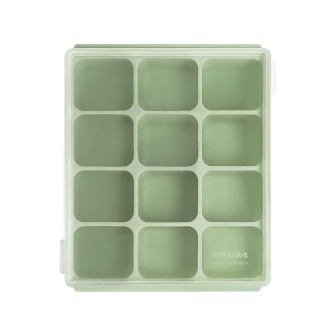 Silicone Freezer Tray, Baby Food Storage Cubes with Clip-On Lid, Freeze Baby Food, Soups, Purees, Ice, Easy and Safe Design, Made in Korea (12, Celadon Green)