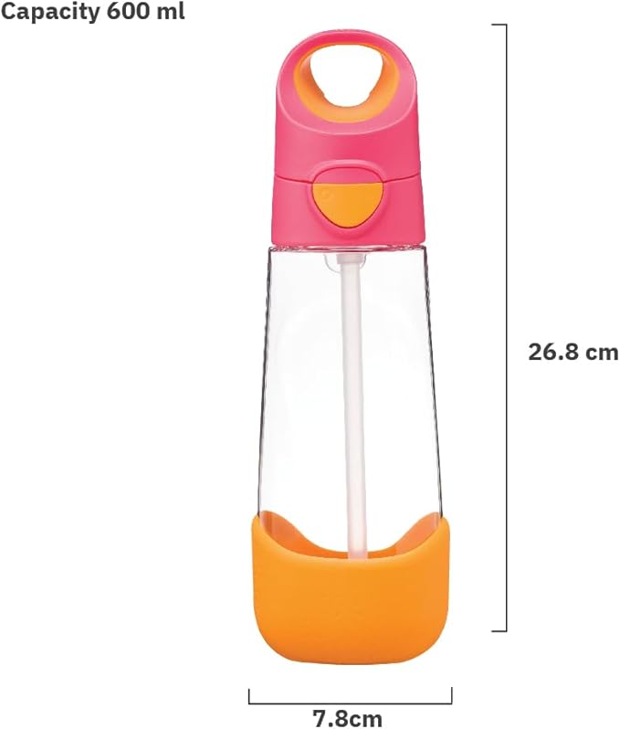 b.box Kids Water Bottle – 20oz Tritan Toddler Drink Bottle with Straw for School, Daycare, Travel w/Easy-Grip Triangular Design, Leak Proof Lid & Handle, BPA Free, Dishwasher Safe (Strawberry Shake)