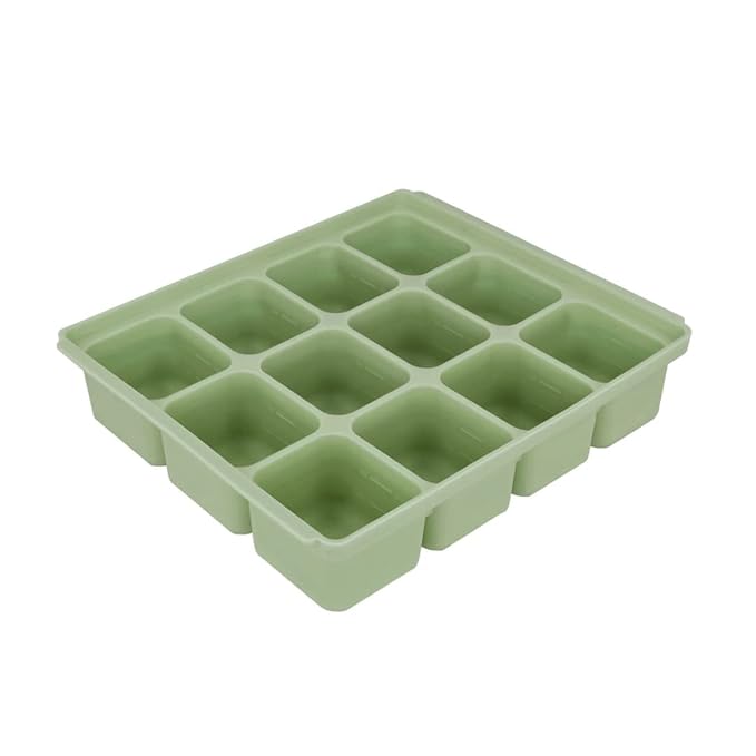 Silicone Freezer Tray, Baby Food Storage Cubes with Clip-On Lid, Freeze Baby Food, Soups, Purees, Ice, Easy and Safe Design, Made in Korea (12, Celadon Green)