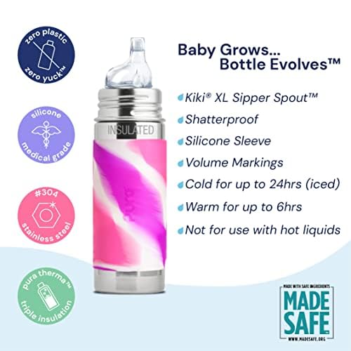 Pura Kiki 9oz/260ml Stainless Steel Insulated Sippy Bottle w/Sleeve, Plastic-Free, MadeSafe Certified, Medical-Grade Silicone Sipper Spout Fast Flow Rate for Kids, Toddlers, Babies & Infant – Moss