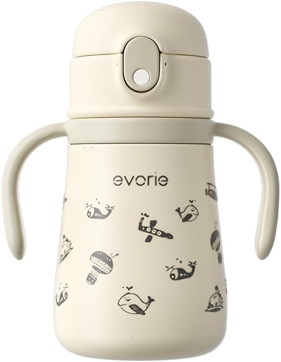 Evorie Leak Proof Vacuum Insulated Water Bottle, 316L Stainless Steel Sippy Cup for Toddlers, 11 oz Straw Cup with Handle & Adjustable Strap, Keeps Drinks Warm or Cold (Travel in Space)