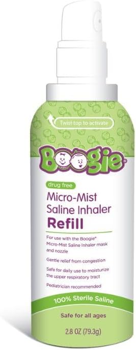Boogie Micro-Mist Saline Inhaler Refill, Unscented, Baby Nose Congestion Relief, Nasal Spray for Kids, Pediatrician Recommended, Unscented, 2.8 oz (Pack of 1)