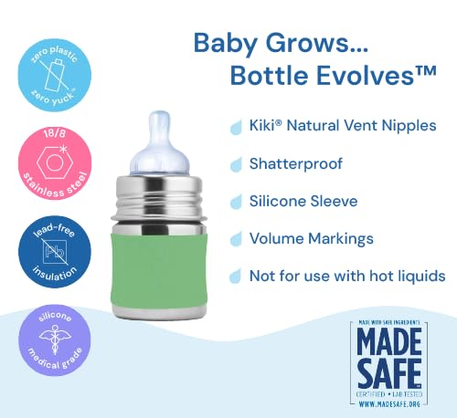 Pura Kiki 5oz/150ml Stainless Steel Anti-Colic Infant Bottle w/Silicone Natural Vent Nipple & Sleeve, 100% Plastic-Free, MadeSafe Certified, Medical-Grade Silicone - Aqua