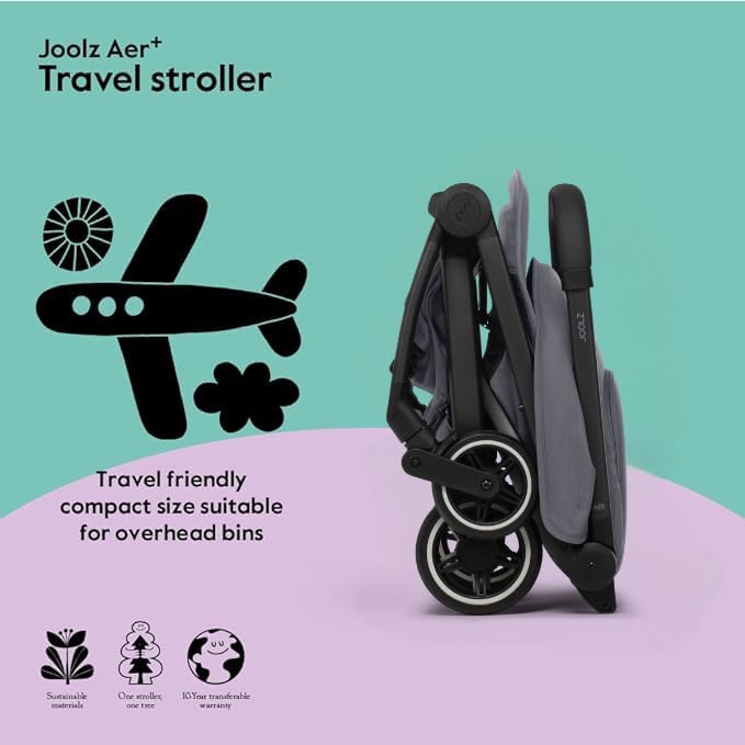 Joolz AER+ Lightweight & Compact Travel Stroller - Portable One-Hand Fold Design - Ergonomic Seat for Infant & Toddler (up to 50 lb) - XXL Sun Hood - Stroller for Airplane -Travel Pouch - Stone Grey