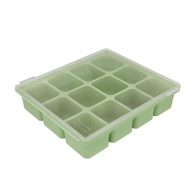 Silicone Freezer Tray, Baby Food Storage Cubes with Clip-On Lid, Freeze Baby Food, Soups, Purees, Ice, Easy and Safe Design, Made in Korea (12, Celadon Green)