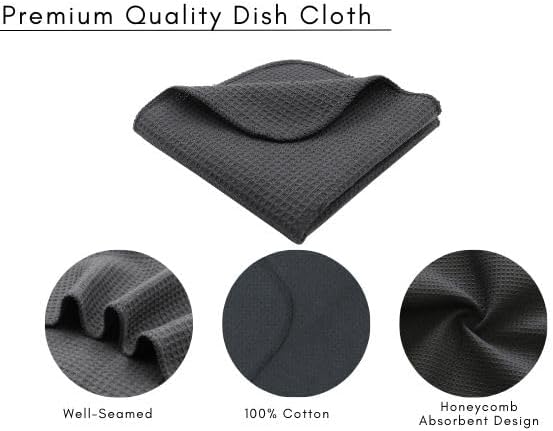 PurpleEssences Dish Cloths and Dish Rags - 8 Pack Waffle Weave Solid Kitchen Dish Wash Cloths, 100% Cotton, 12 x 12 Inches, Ultra Soft Absorbent Quick Drying - Fall Thanksgiving - Dark Grey
