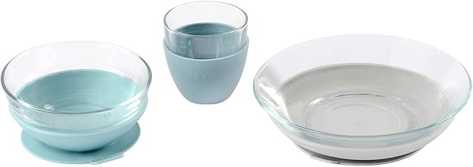 BEABA 3-Piece Glass Meal Set with Silicone Suction, Toddler Plate and Baby Bowls with Suction, Non Slip Kids Dinnerware Set, 2.5x Stronger than Regular Glass, (Rain)