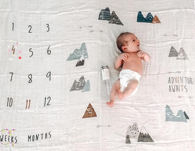 100% Organic Cotton Muslin Monthly Baby Milestone Blanket with Wooden Hello World Newborn Sign, Newborn Photography Props, Birth Announcement Sign, Eucalyptus