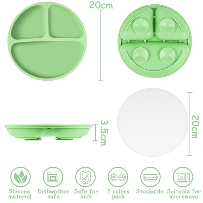 Vicloon Toddler Dishware Plate, 2 Pcs Silicone Plate with Divided Compartments, Suction Plates for Babies & Toddlers, BPA Free, Microwave & Dishwasher Safe, Includes Lids