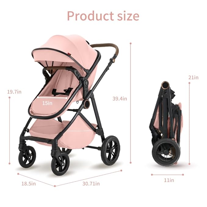 2 in 1 Baby Stroller, High Landscape Infant Stroller Pram Foldable Pushchair with Adjustable Canopy, Storage Basket,5-Point Harness,Mom Bags (Pink)