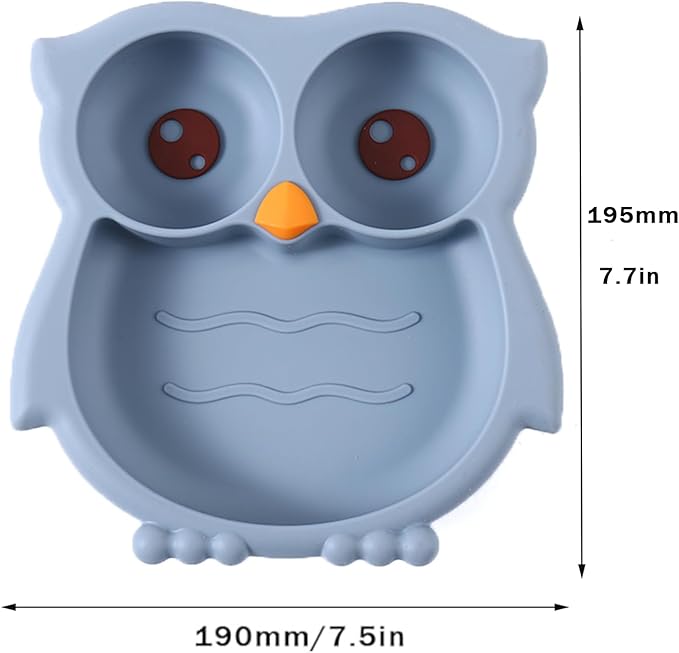 PandaEar Toddler Suction Plates, Stay Put Divided Baby Plates, Owl Shape BPA-Free 100% Food-Grade Silicone Unbreakable Baby Plate, Baby Feeding Supplies (Blue)
