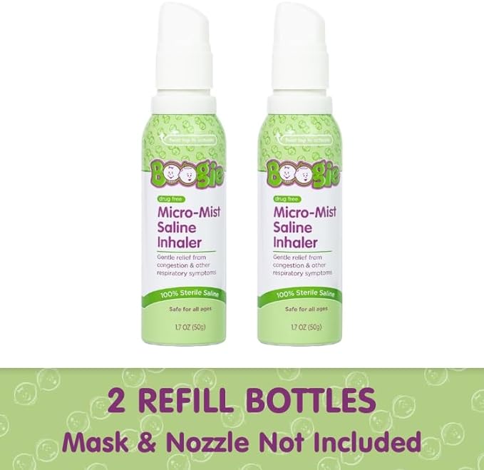 Boogie Micro-Mist Saline Inhaler Refill, Baby Nose Congestion Relief, Nasal Spray for Kids, Pediatrician Recommended, Unscented, 1.7 oz (Pack of 2)