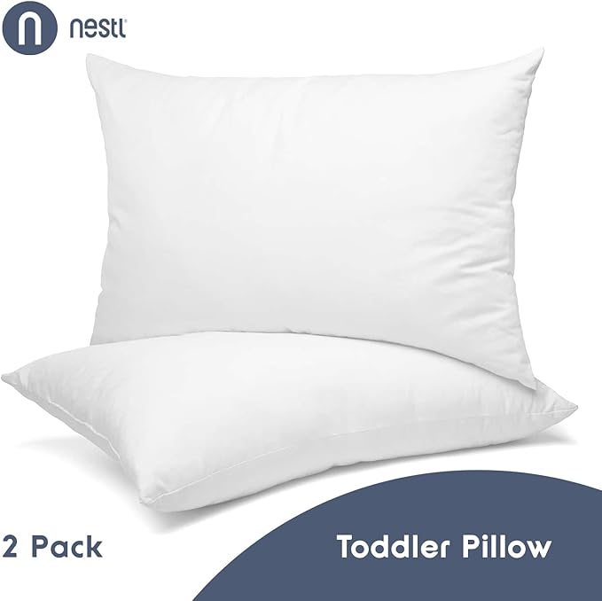 Nestl 2 Pack Toddler Pillow for Sleeping 13 x 18, Small Kids Pillow for Travel, Car, School, Nap, & Toddler Bed, Machine Washable Soft Cotton Child 2 Year Old and Up - White