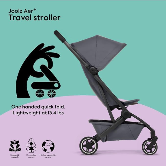 Joolz AER+ Lightweight & Compact Travel Stroller - Portable One-Hand Fold Design - Ergonomic Seat for Infant & Toddler (up to 50 lb) - XXL Sun Hood - Stroller for Airplane -Travel Pouch - Stone Grey