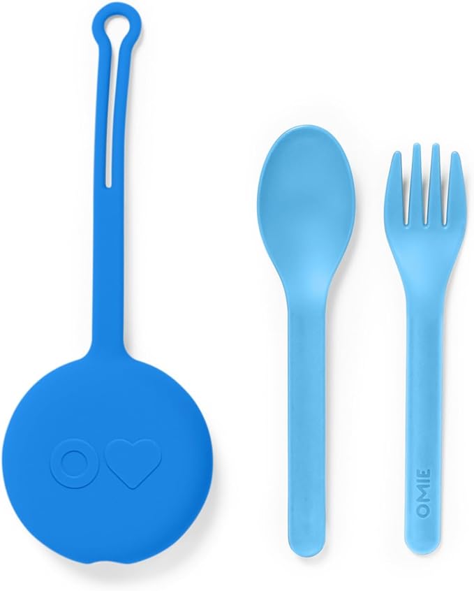 Omie OmieBox Kids Utensils Set with Case - 2 Piece Plastic, Reusable Fork and Spoon Silverware with Pod for Kids (Blue)