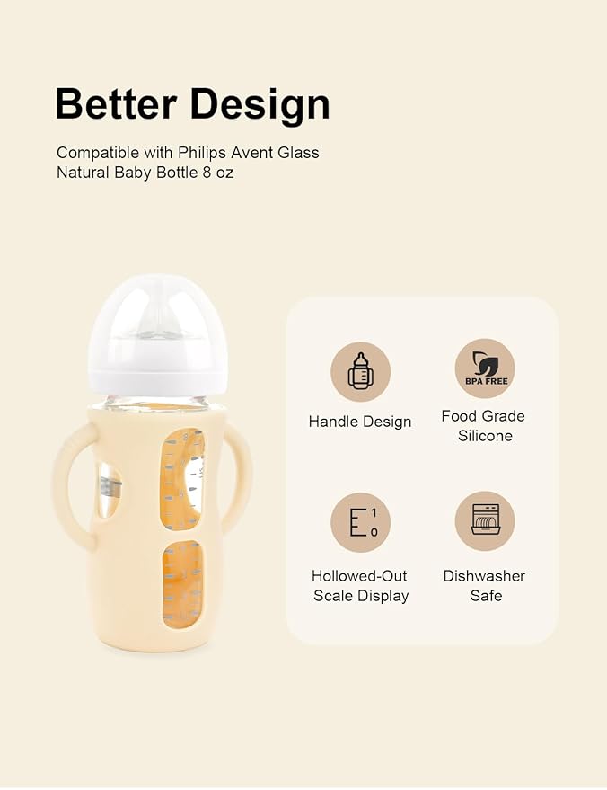 2-Pack Silicone Sleeves for Philips Avent Glass Bottles, BPA-Free Drop-Resistant Baby Bottle Sleeves with Handles, Compatible with Philips Avent Natural Glass Baby Bottles (4 & 8 oz)