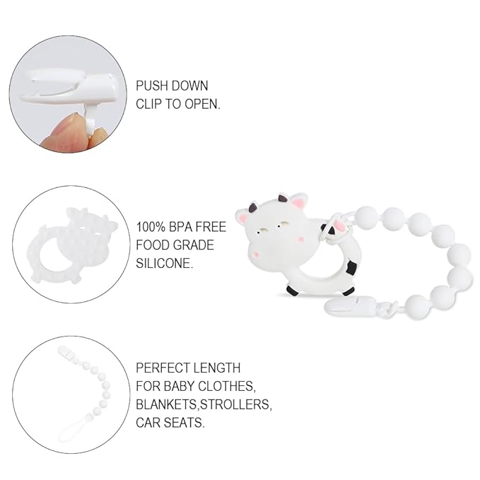 Baby Teething Toys,Food Grade Silicone Teether with One-Piece Pacifier Clip Holder,Shower Gift,Highly Effective Pain Relief for 3 Months+ Boy and Girl,BPA Free,Freezer Safe. (White Cow)