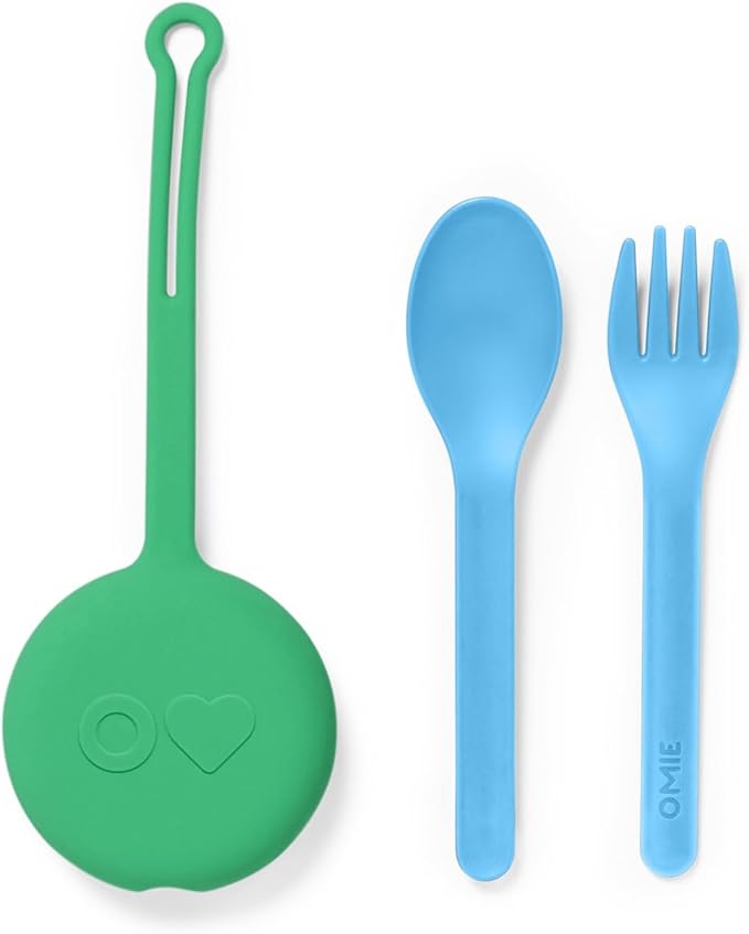 Omie OmieBox Kids Utensils Set with Case - 2 Piece Plastic, Reusable Fork and Spoon Silverware with Pod for Kids (Mint Green)