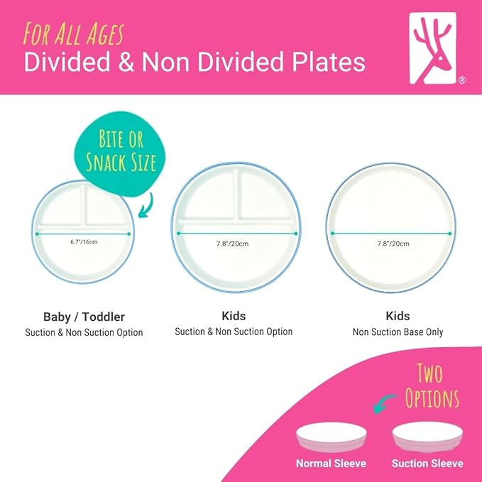 Elk and Friends Kids 7.8” Porcelain Divided Plates with Silicone Sleeves | Suitable for Babies/Kids/Toddlers | Microwave & Dishwasher Safe | Non Slip | Snack Dishes