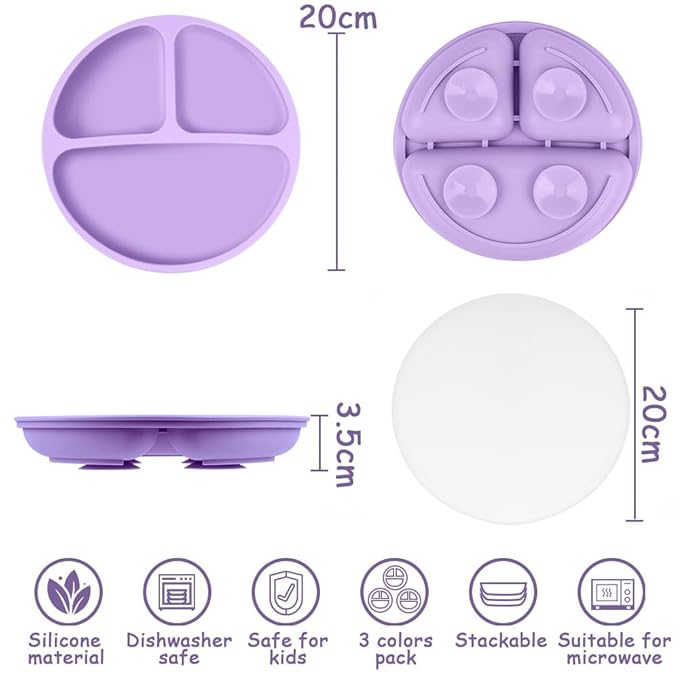 Vicloon Toddler Plates, 3 Pcs Silicone Baby Plates, BPA Free Suction Plates with Lids for Babies and Toddlers, Suction Plate Feature, Divided Plate Design,Toddler Plate Microwave&Dishwasher Safe