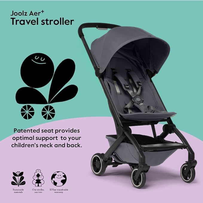Joolz AER+ Lightweight & Compact Travel Stroller - Portable One-Hand Fold Design - Ergonomic Seat for Infant & Toddler (up to 50 lb) - XXL Sun Hood - Stroller for Airplane -Travel Pouch - Stone Grey