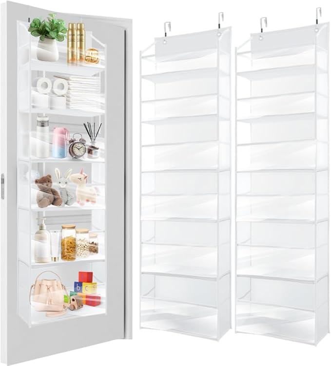 HOMELUX THEORY 2 PC Heavy Duty Over the Door Organizer 55x14x6.7, 6 Large Front & 12 Side Pockets, Hanging Storage Closet Door Organizer for Bedroom, Bathroom and Baby Nursery Storage (Transparent)