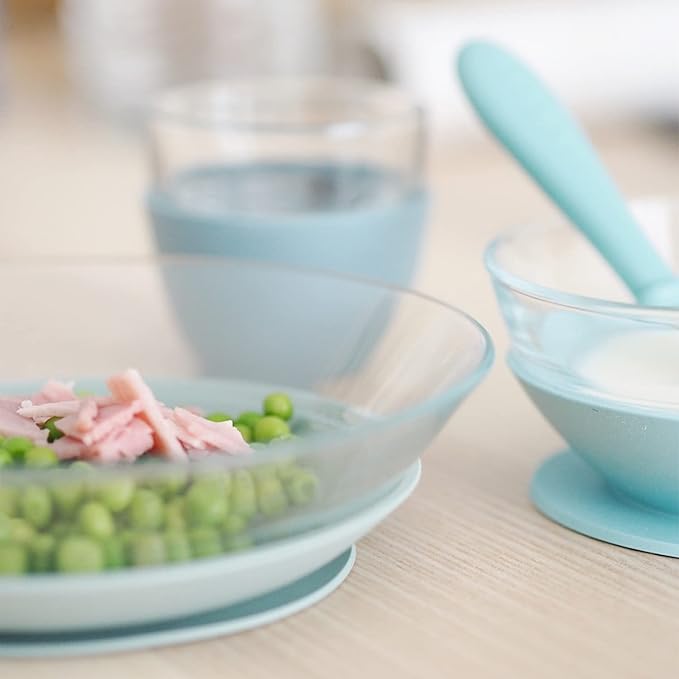 BEABA 3-Piece Glass Meal Set with Silicone Suction, Toddler Plate and Baby Bowls with Suction, Non Slip Kids Dinnerware Set, 2.5x Stronger than Regular Glass, (Rain)