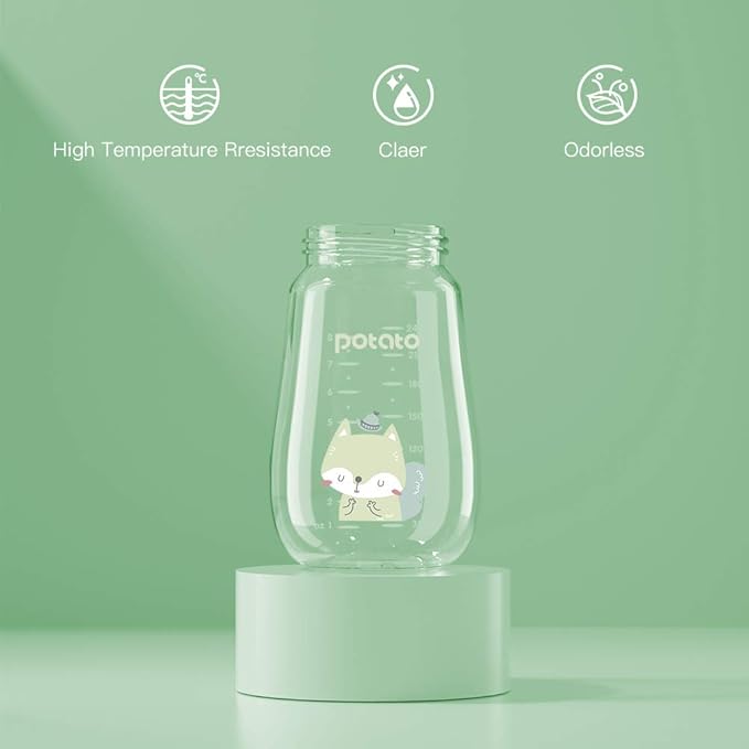 POTATO Glass Baby Bottles, Anti-Colic Breastfeeding Bottles with Medium Flow Nipple, Suitable for Babies 3-6 Months, 2 Replaceable Nipples, 6 oz, Green