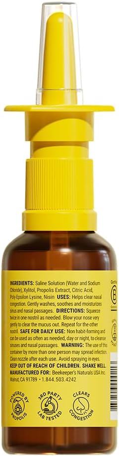 Beekeeper's Naturals Nasal Spray for Adults with Propolis, Xylitol & Saline, Clears Nasal Congestion, Moisturizes Sinus Canal, & Decongest Sinus Cavities, 1 fl oz