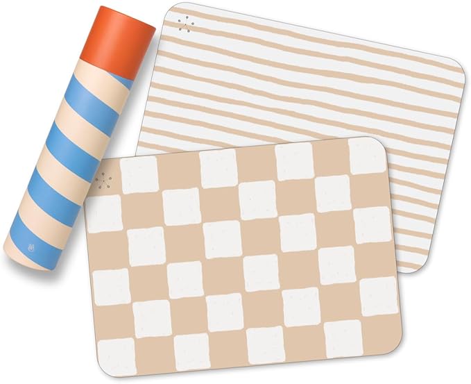 APLAINR Proud Placemats, Silicone Placemats for Babies, Toddlers & Kids, Activity Mats for Children, Checkered and Stripe Patterns, Non Slip, 16 x 12 inch, Set of 2, Oat Cream