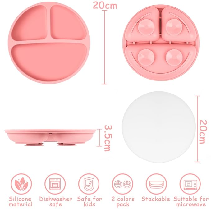 Vicloon Toddler Dishware Plate, 2 Pcs Silicone Plate with Divided Compartments, Suction Plates for Babies & Toddlers, BPA Free, Microwave & Dishwasher Safe, Includes Lids