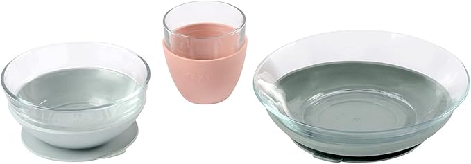 BEABA 3-Piece Glass Meal Set with Silicone Suction, Toddler Plate and Baby Bowls with Suction, Non Slip Kids Dinnerware Set, 2.5x Stronger than Regular Glass, Eucalyptus