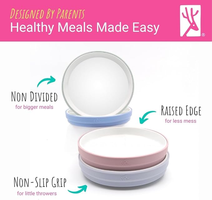 Elk and Friends Kids 7.8” Porcelain White Plates with Silicone Sleeves | Suitable for Babies/Toddlers | Microwave & Dishwasher Safe | Non Slip Dinnerware | Snack Dishes | 2 Pack