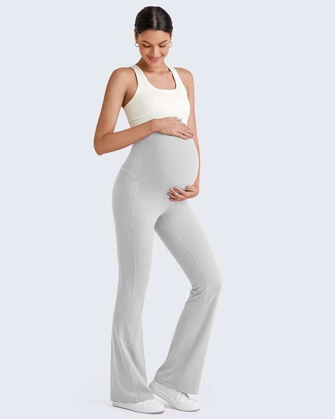 G4Free BareFeel Maternity Flare Leggings with Pockets Over The Belly Stretchy Casual Lounge Pregnancy Dress Pants for Work