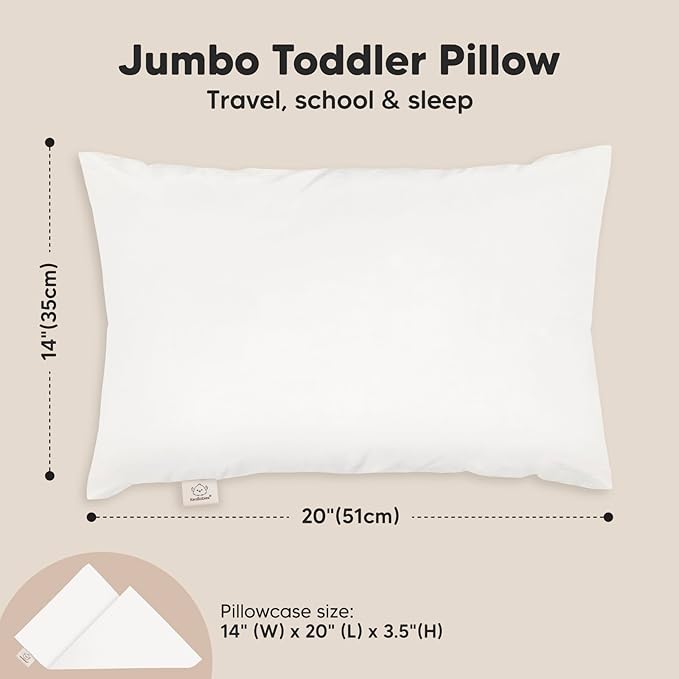 KeaBabies Toddler Pillow with Pillowcase, Jumbo 14X20 - Soft Organic Cotton Toddler Pillows for Sleeping - Machine Washable - Perfect for Travel, Toddler Bed Set (Soft White)