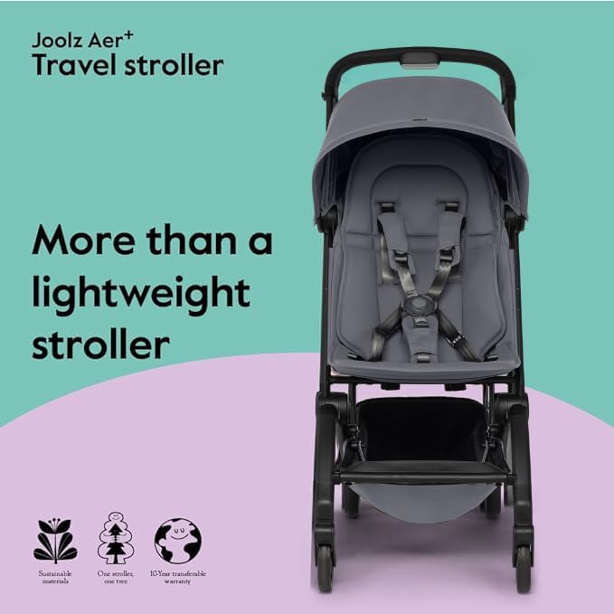Joolz AER+ Lightweight & Compact Travel Stroller - Portable One-Hand Fold Design - Ergonomic Seat for Infant & Toddler (up to 50 lb) - XXL Sun Hood - Stroller for Airplane -Travel Pouch - Stone Grey