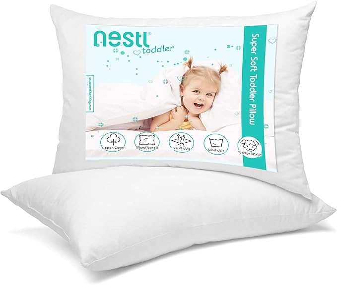 Nestl 2 Pack Toddler Pillow for Sleeping 13 x 18, Small Kids Pillow for Travel, Car, School, Nap, & Toddler Bed, Machine Washable Soft Cotton Child 2 Year Old and Up - White