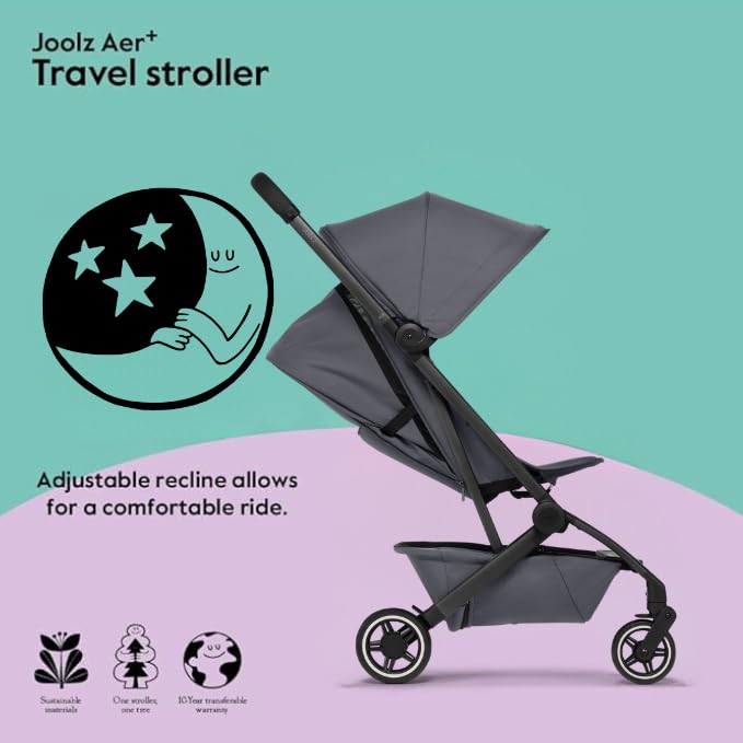 Joolz AER+ Lightweight & Compact Travel Stroller - Portable One-Hand Fold Design - Ergonomic Seat for Infant & Toddler (up to 50 lb) - XXL Sun Hood - Stroller for Airplane -Travel Pouch - Stone Grey