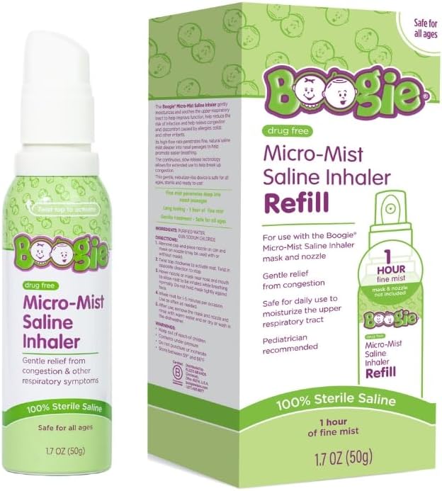 Boogie Micro-Mist Saline Inhaler Refill, Baby Nose Congestion Relief, Nasal Spray for Kids, Pediatrician Recommended, Unscented, 1.7 oz (Pack of 1)