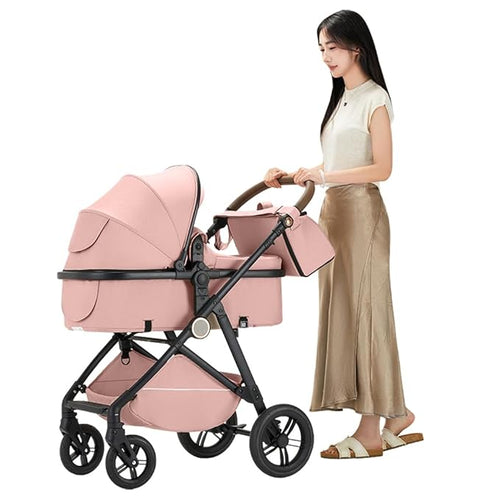 2 in 1 Baby Stroller, High Landscape Infant Stroller Pram Foldable Pushchair with Adjustable Canopy, Storage Basket, Suspension Wheels,5-Point Harness,Mom Bags (Pink)