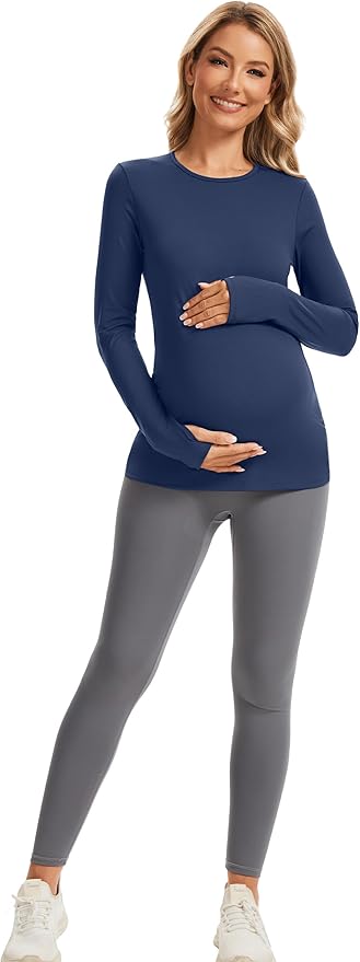 MathCat Maternity Long Sleeve Shirt with Thumbleholes,Pregnancy Casual Tee Blouse Athletic Yoga Workout Tops