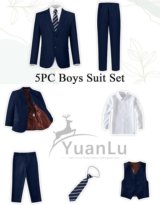 YuanLu Boys Suit for Kids Tuxedo Wedding Ring Bearer Outfit, 5 Piece Boy Slim Fit Formal Suits with Adjustable Waist