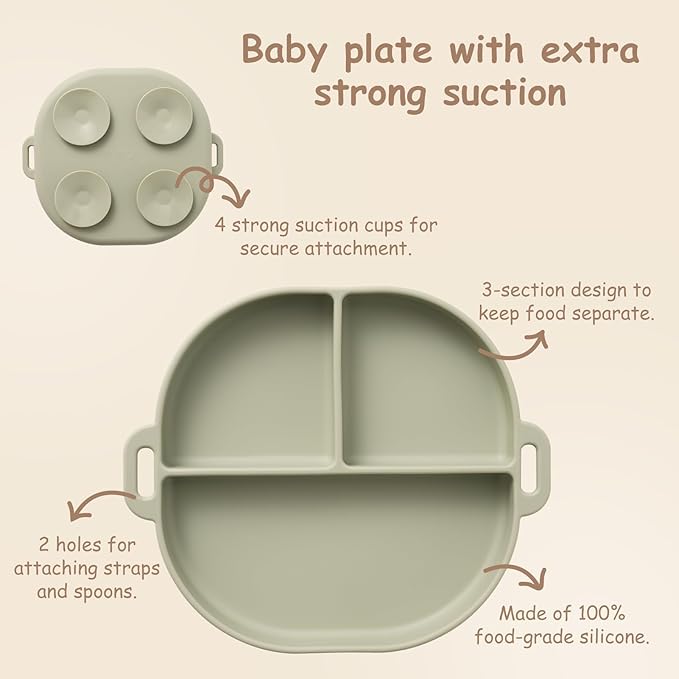 Baby Plates with Suction Silicone Baby Spoons Divided Baby Plates Silicone Baby Safety Toy Straps Baby Bottle Bungees Baby Feeding Set All-in-one-Brown