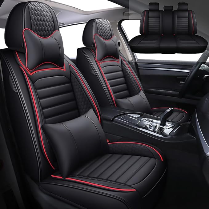 Leather Car Seat Covers for Toyota Corolla 2006-2024,Car Seat Covers Full Set,Seat Covers with Safety,Waterproof Seat Cover Compatible Airbag(5pcs Black&Red Luxury)