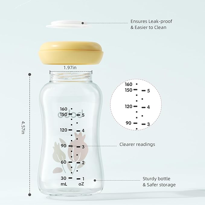 YOHKOH Glass Breast Milk Storage Bottles - 100% Leak-Proof, BPA-Free Breastmilk Storage Containers, Freezer & Dishwasher Safe, Ideal for Nursing Mothers (Yellow, 5.4oz (Pack of 6))