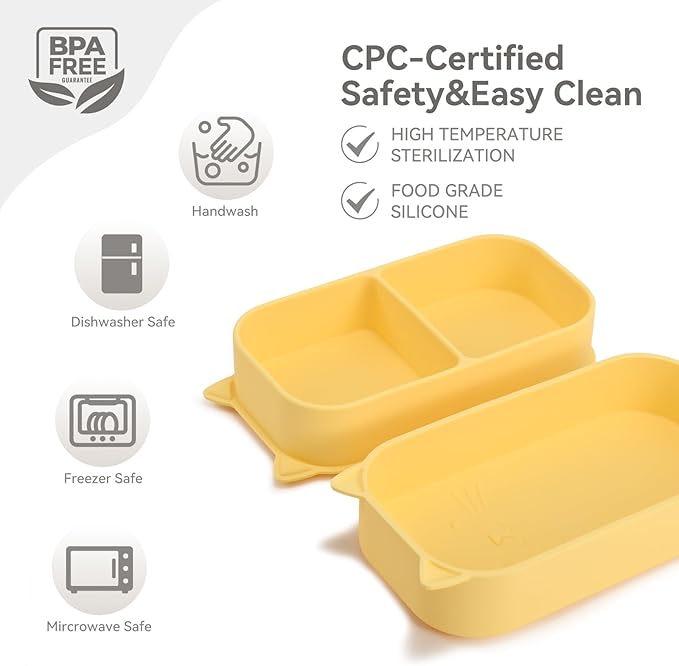 Portable Baby Plates with Suction, 6Pcs Travel Silicone Feeding Set for Toddlers, Foldable, Non-Slip Dishwasher Safe Plates & Utensils, BPA Free, Cat Design Gift Ready(Pale Yellow)